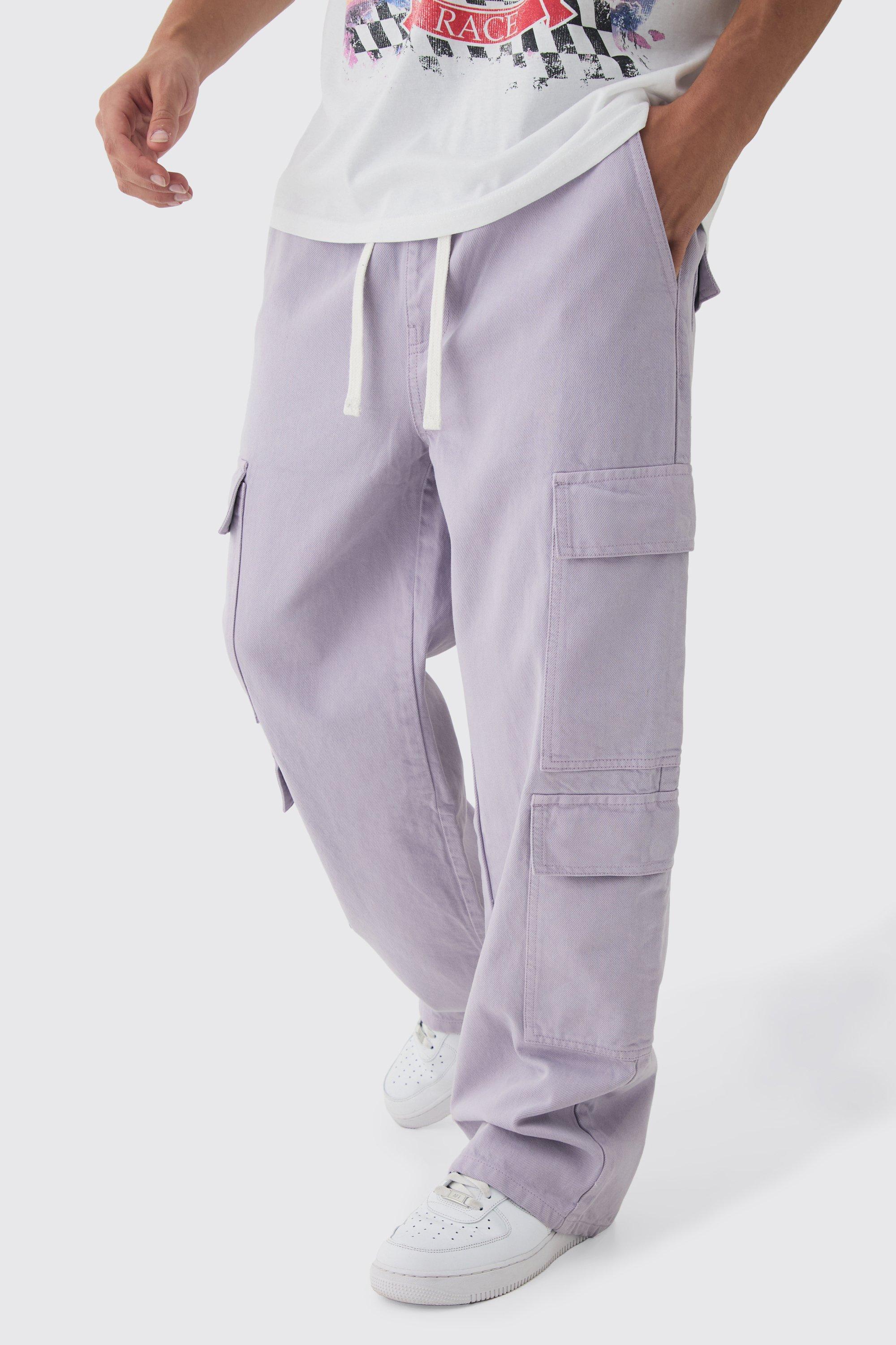 Mens Grey Elasticated Waist Baggy Fit Multi Cargo Trousers, Grey